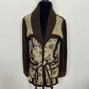 Vintage High Fashion Leather Floral Western Knit Woman M Jacket Boho Belted 70’s